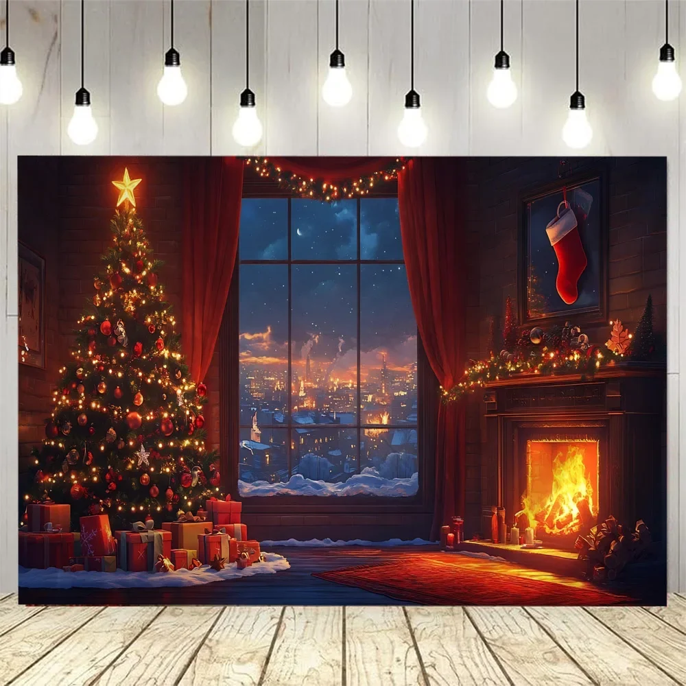 Christmas tapestry, Santa Claus, Christmas tree, snow outside the window, family holiday decorations, fireplace Christmas gifts