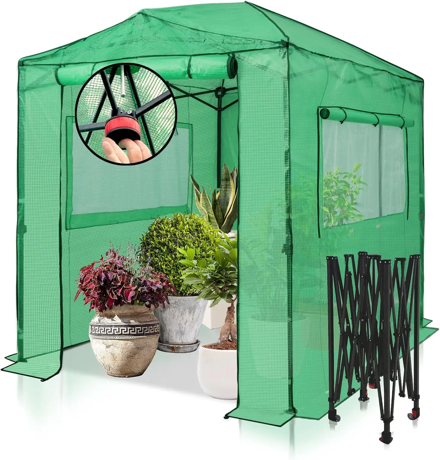Indoor/Outdoor Plant Gardening, PE Covered Greenhouse with Roll-Up Zipper Doors and Side Windows, Green/Clear