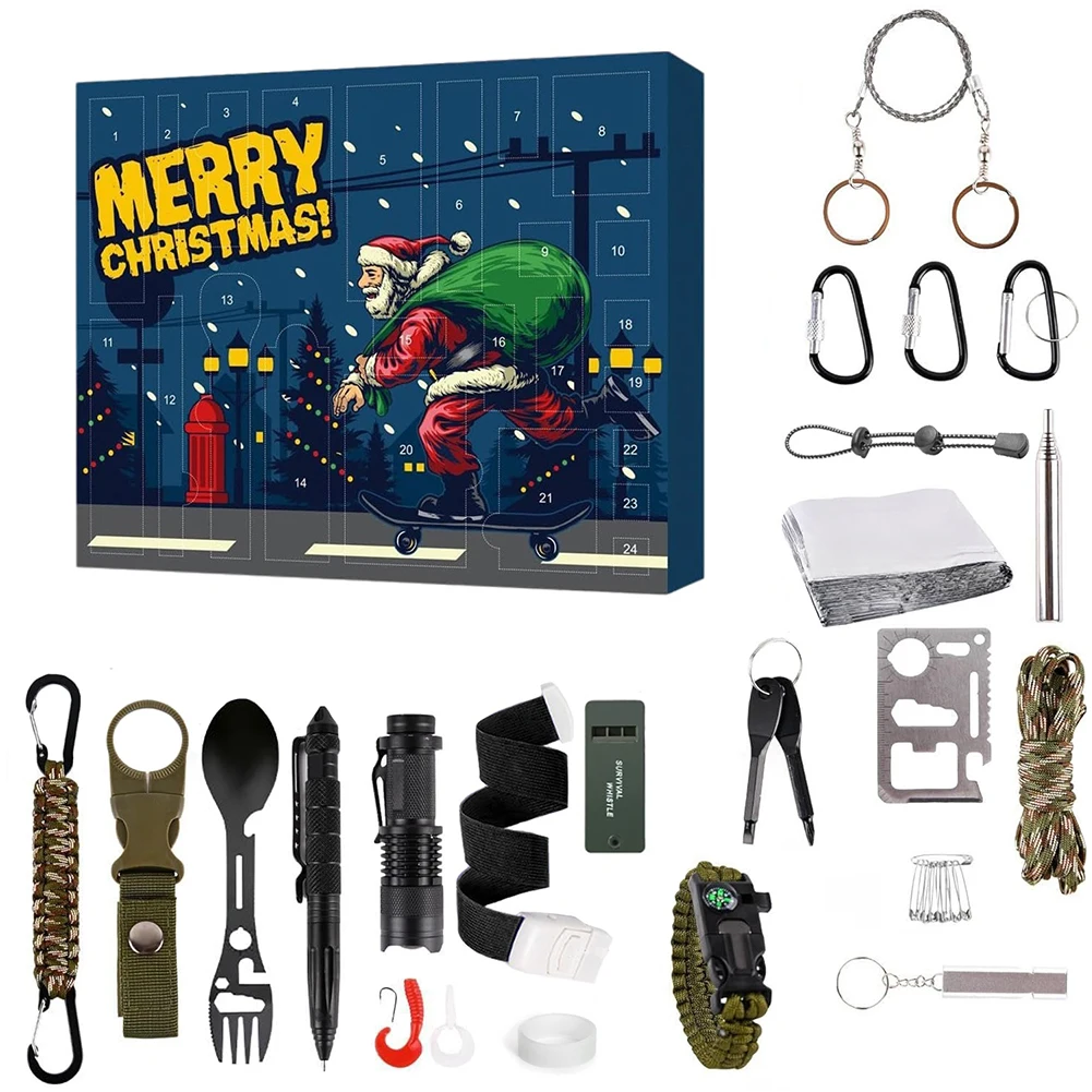 

2024 Survival Kit Advent Calendar Gifts Box Survival Tools Countdown Advent Calendar with Flashlight Buckle for Outdoor Camping