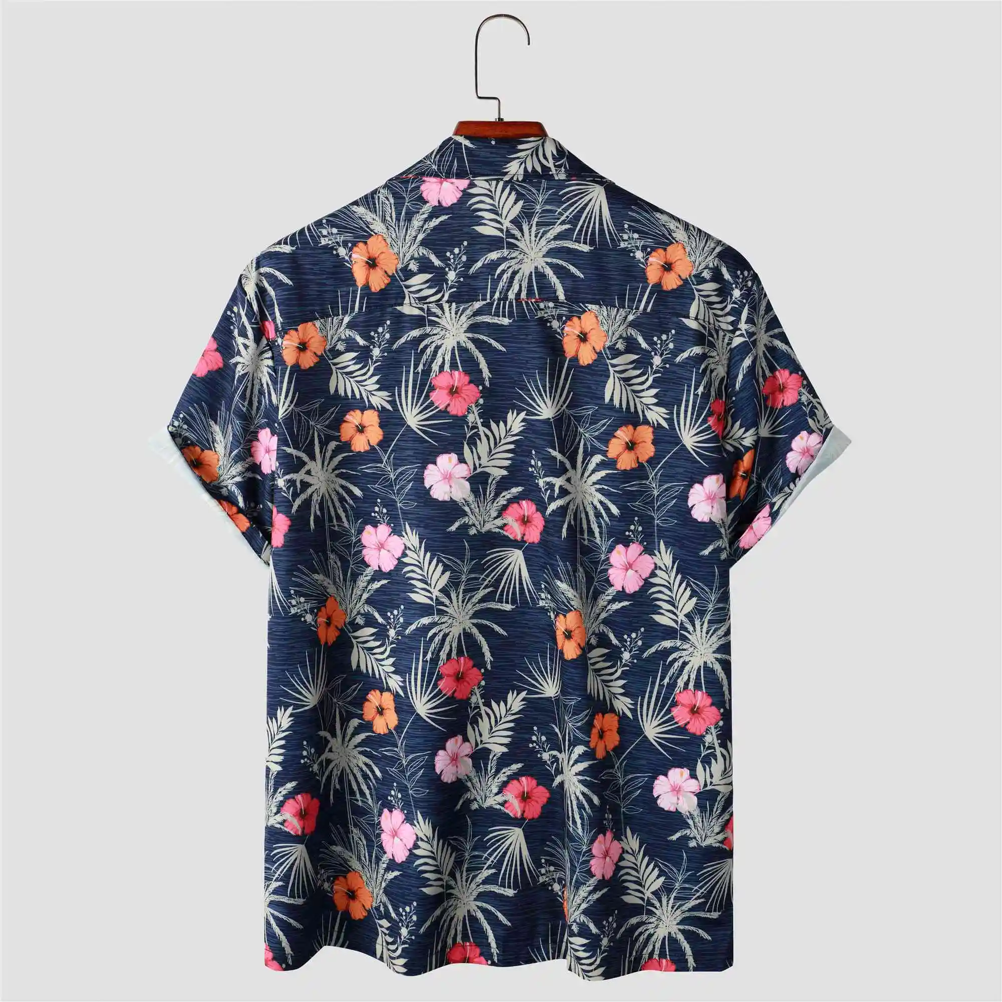 Tropical Leave And Flower Pattern Men\'s Short Sleeve Button Down Shirt With Chest Pocket, Men\'s Leisurewear For Summer Holiday