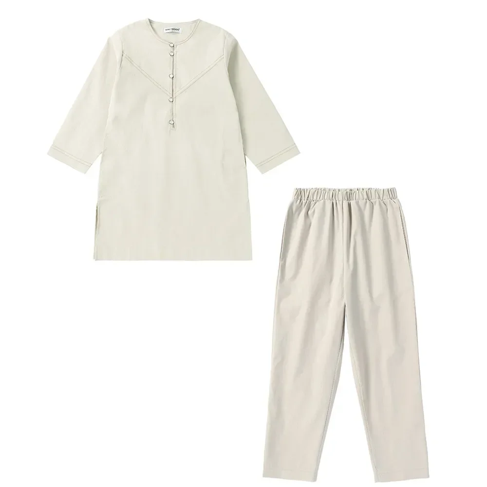 2PCS Musulmano Bambini Ragazzi Top Pantaloni Set Abbigliamento bambino islamico Jubba Thobe Abiti Arabia Saudita Abito Abaya Abito Caftano Eid Ramadan
