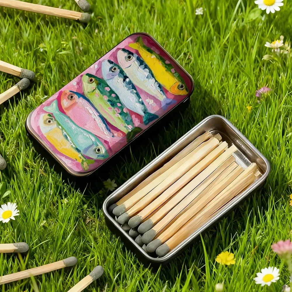 Art Oil Painting Fish Match Storage Tin, Rectangular Metal Matchbox Holder, Portable Decor Box for Matches & Small Items