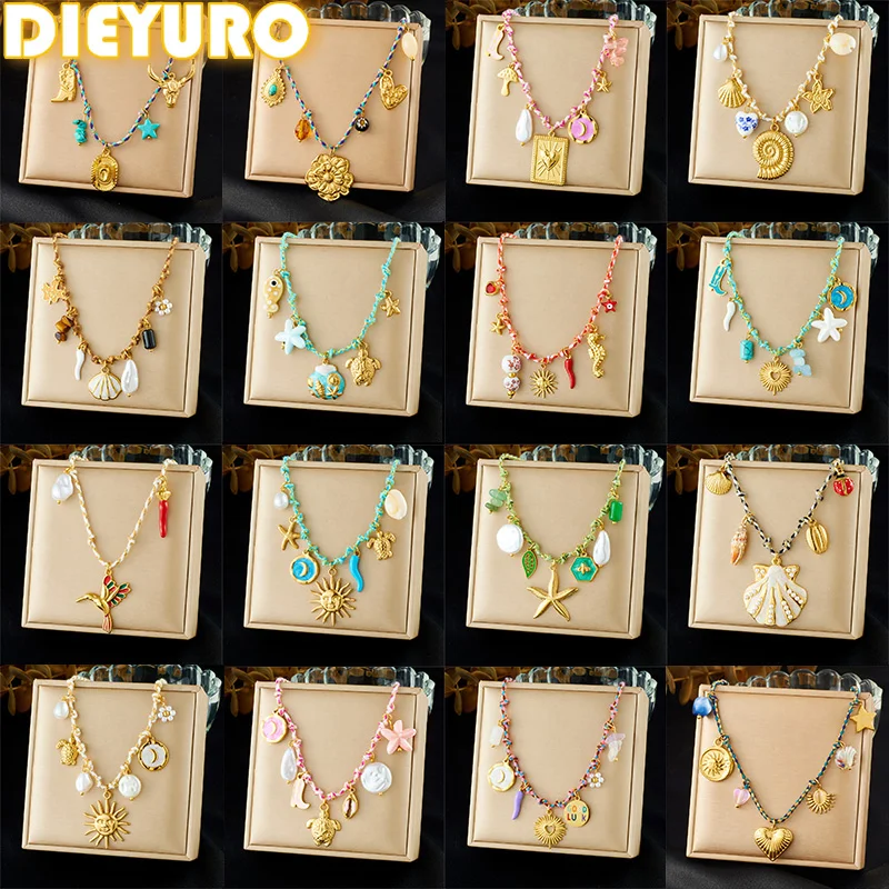 DIEYURO 316L Edelstahl Sonne Blume Herz Kristall Multi Anhänger Halskette Dame Vintage Farbige Gewebte Seil Hals Kette Schmuck