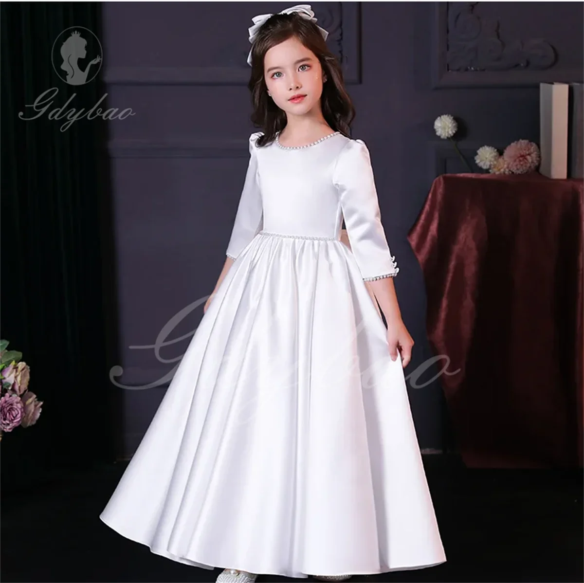 Vestido de satén blanco impresionante para niña de flores, apliques florales, vestidos de desfile para niños, vestido de fiesta de cumpleaños de