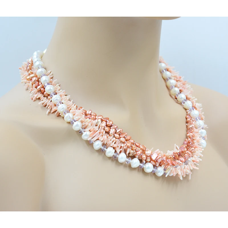 Fashionable women's party necklace. 5 shares. Natural Baroque freshwater pearls+natural corals 21 inches
