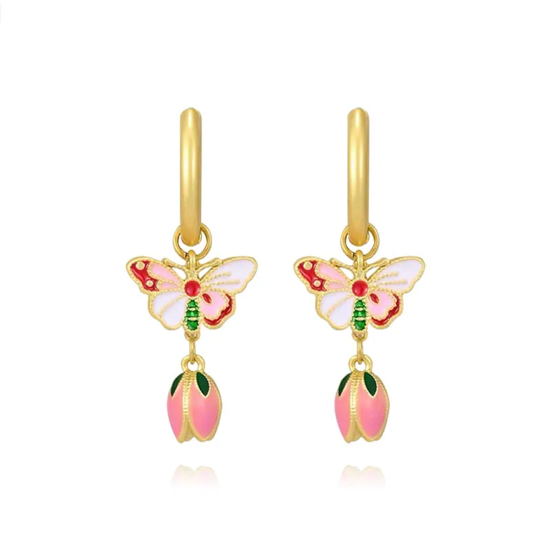 Vintage Earrings Butterfly Tulips Drop Flower Pendant Hoop Earrings Enamel Chinese-style Charm Eardrops Ear Jewelry Gift