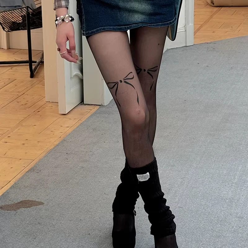 Ladies Tattoo Stockings Bow Printed Silk Pantyhose Sexy Printed Pantyhose Japanese Lolita Jk Tights