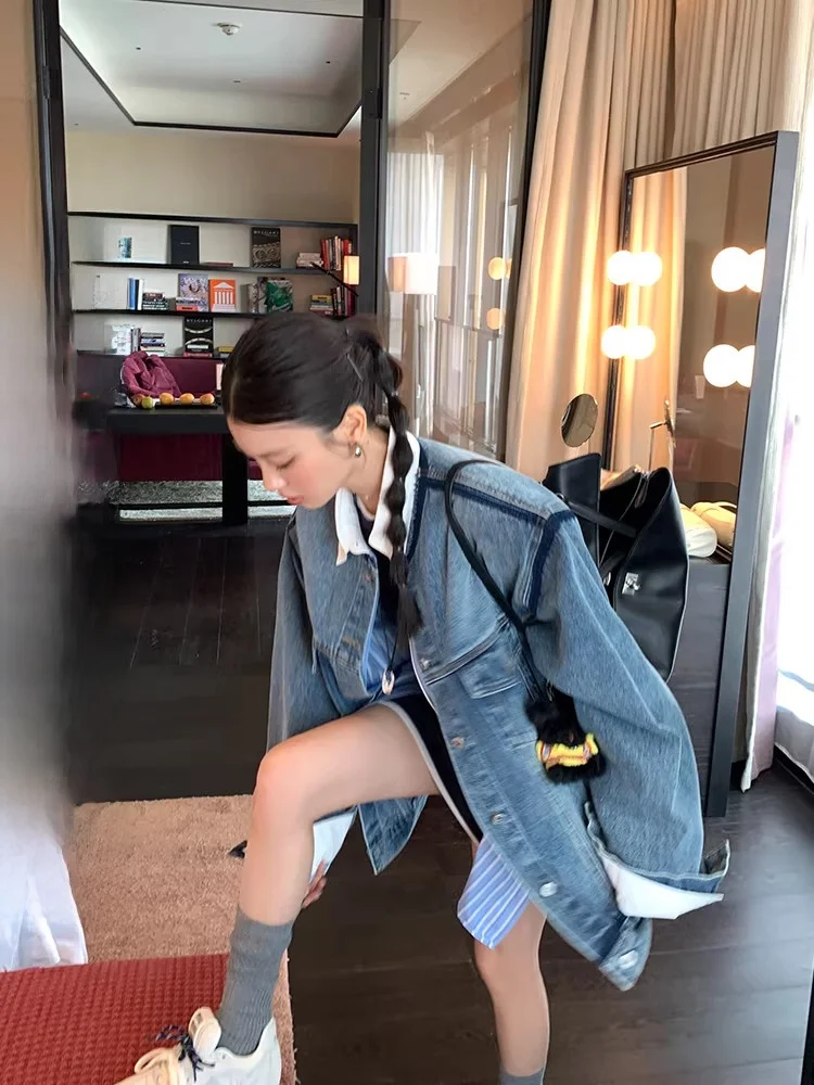 

Женская осенняя джинсовая куртка DULA Good Home в американском ретро-стиле, свободного кроя, без воротника, повседневная