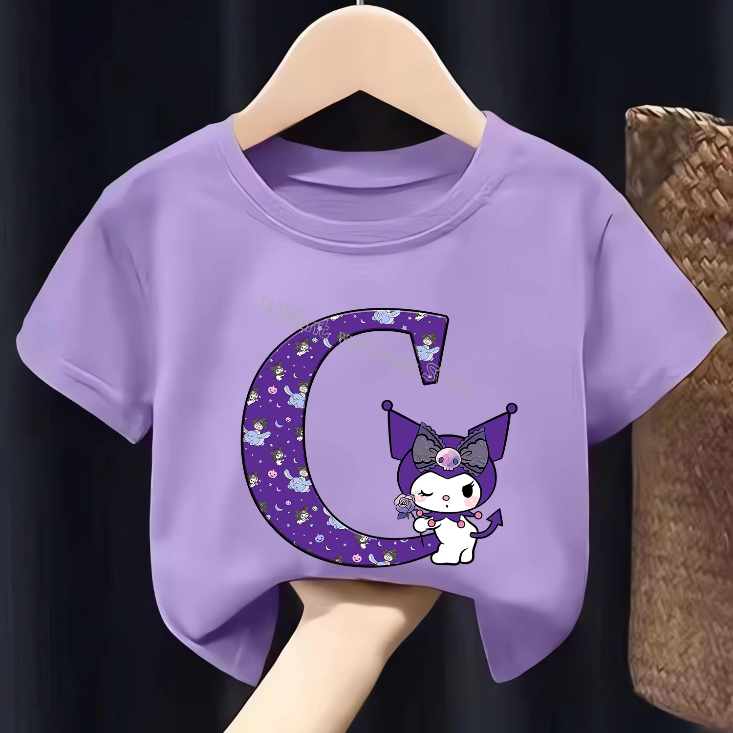 Kuromi Letter A-Z T-shirt dla dzieci Cute Cartoon Clothes Fashion Top Clothing New Purple Short Sleeve Summer Tee Kids Gift