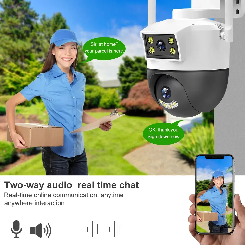 8MP Rotazione di 360 gradi Doppia lente Doppio schermo Allarme rilevamento movimento in tempo reale Scheda TF Audio bidirezionale Visione notturna Telecamera WiFi PTZ