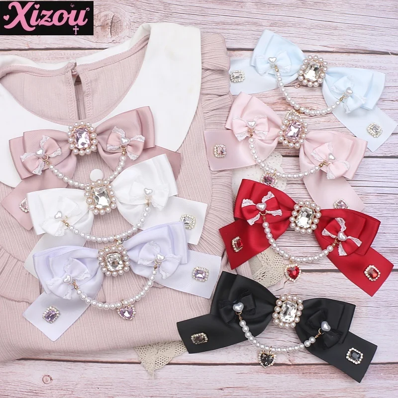 handmade-japanese-sweet-mass-production-collar-accessories-large-bow-beaded-love-rhinestone-bow-pin-women