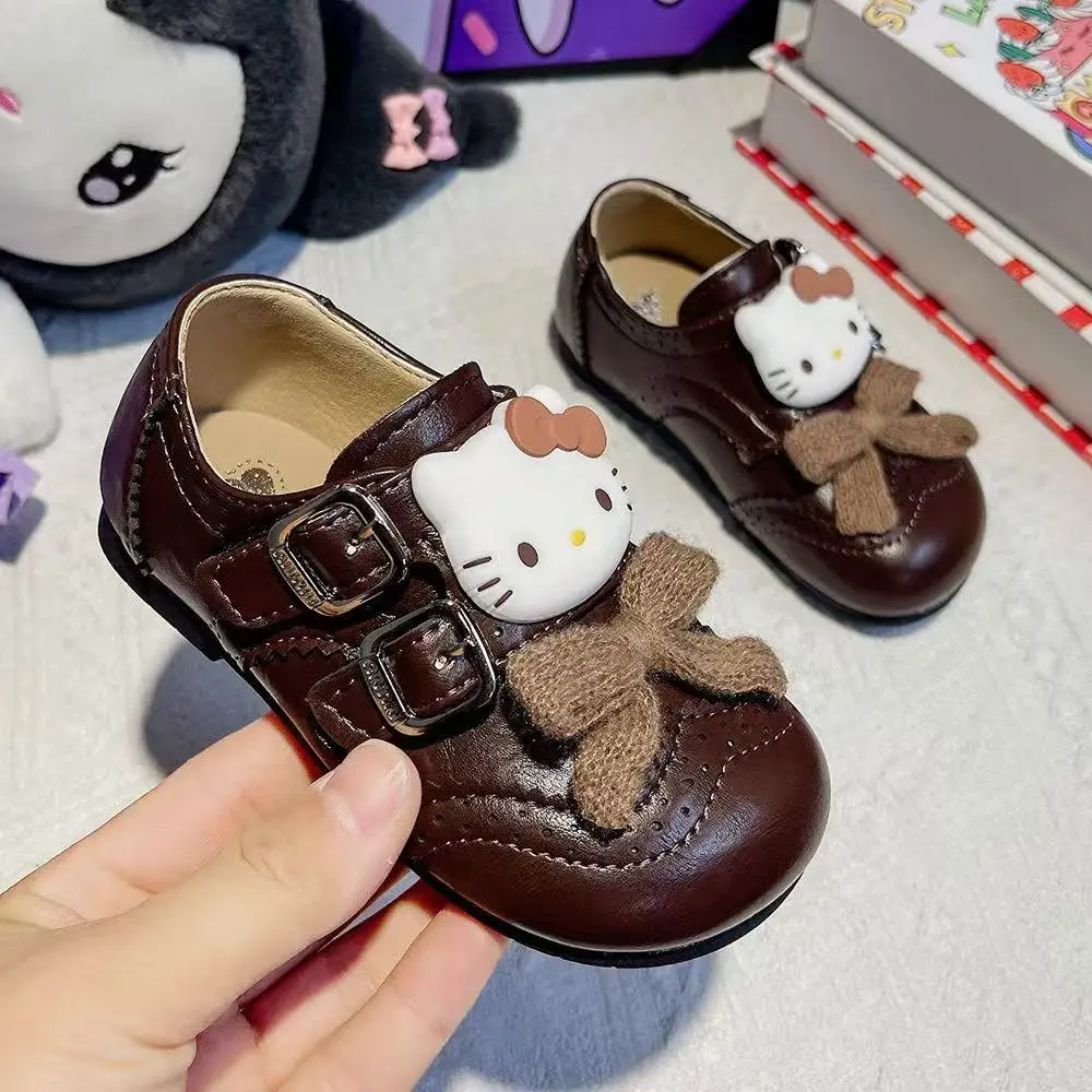 r ‌ 실제 사진 2025 신상 편안한 헬로키티 쿠로미 만화 리본 패션 여자아이 어린이 캐주얼 플랫 가죽 신발