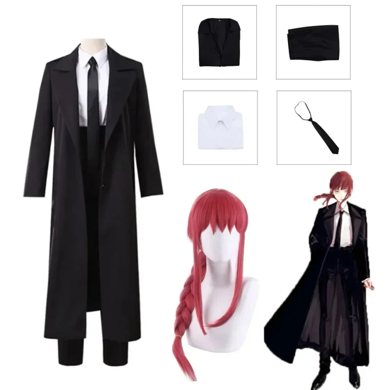 Wat22 anime motosserra homem cosplay traje preto trench camisa gravata calças makila peruca longa luz vermelha trança masculino wom novo 2025 aa