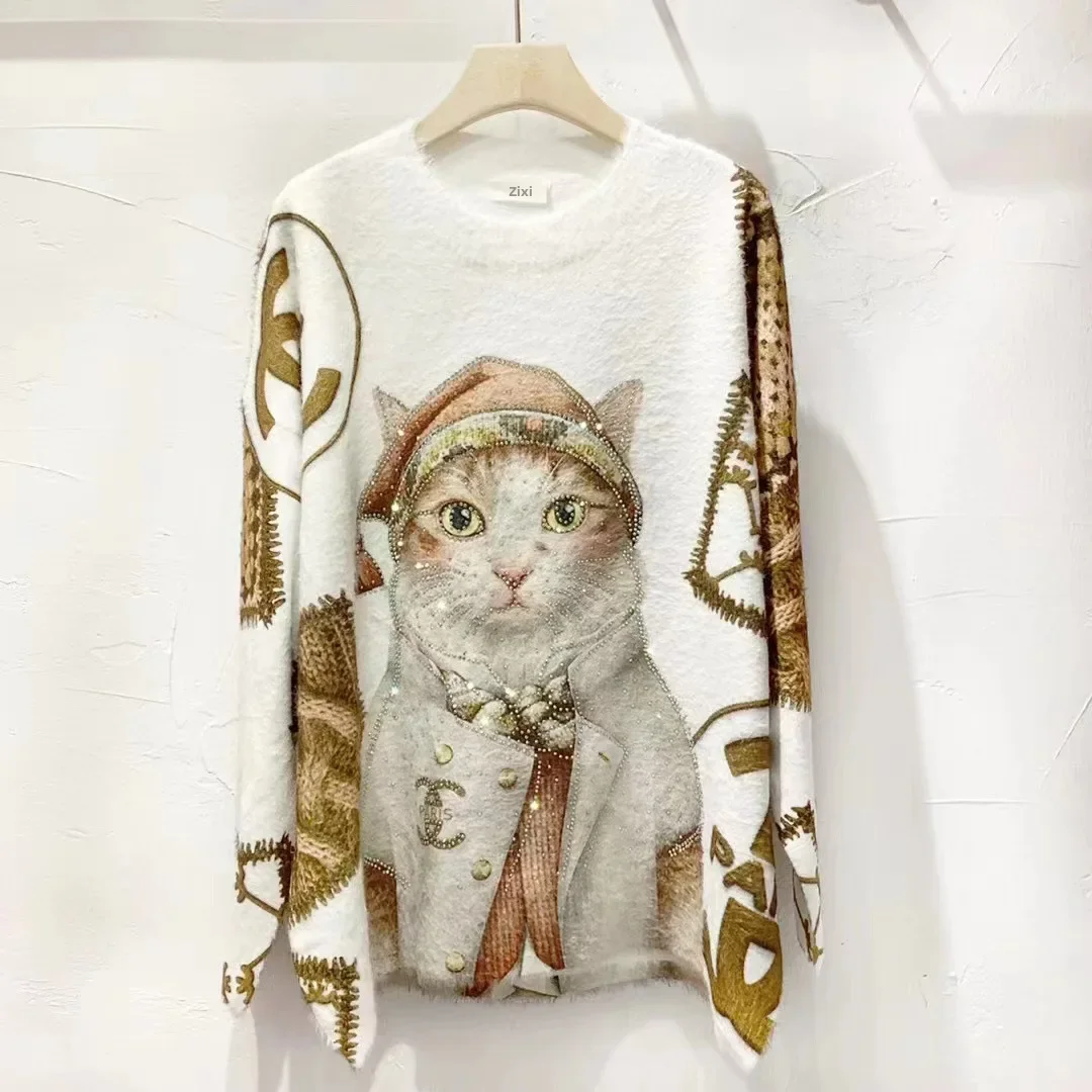 Trendy Original European Brand Cartoon Cat Rhinestone Hooded Mink Sweater Women's Autumn/winter Long Sleeve Knitted Top