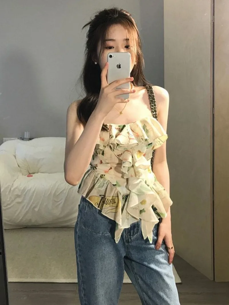 

Shpmishal Fashionable and Versatile Short Floral Vest 2024 Women's Summer New Sweet and Sexy Strapless Top Female Clothing