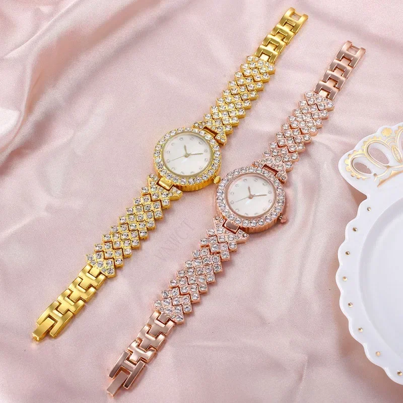 Fashion Women Watch Diamond Bracelet+ring+necklace+earrings Sky Scale Ladies Watches Bracelet K Gold Chain Clock for Female