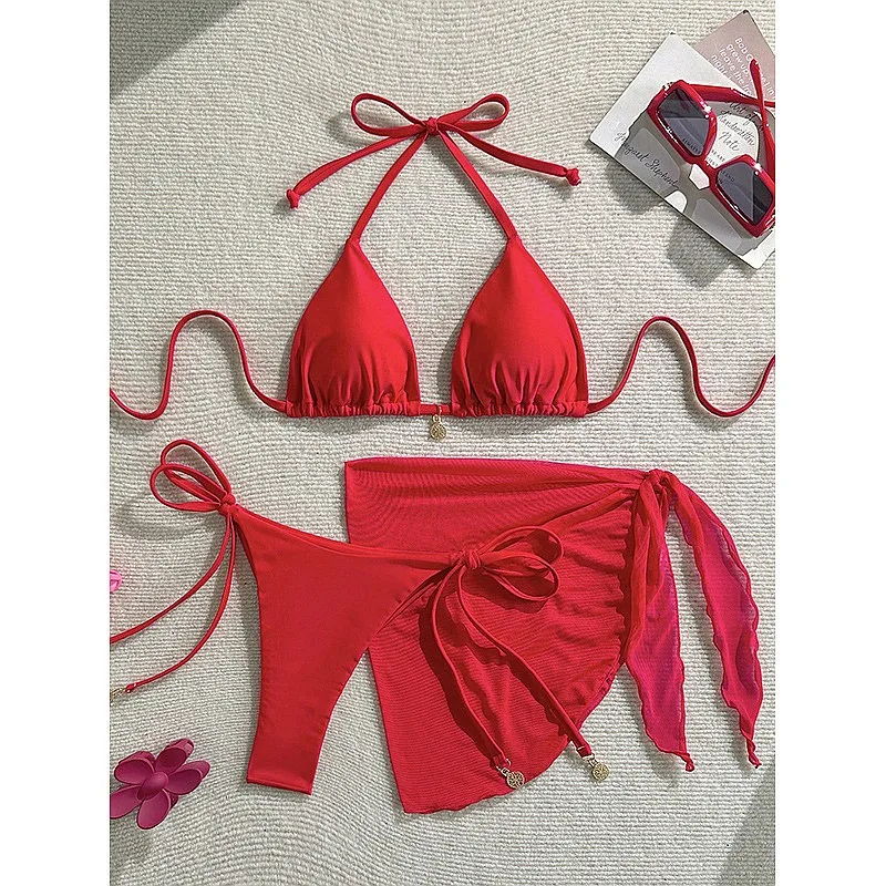 

2026 New Solid Tie Side Sexy 3 Piece Bikini Set Women Beach Swimwear Wholesale