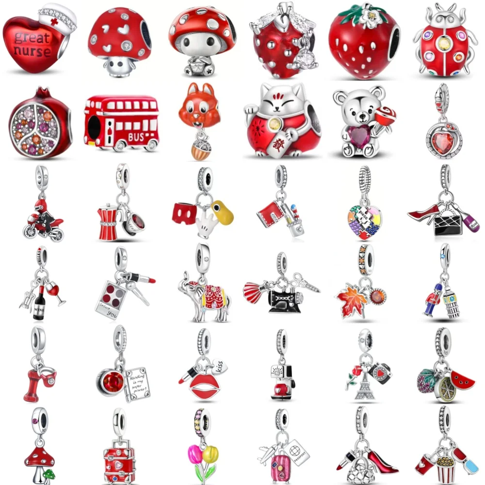 حار بيع 925 الفضة والفراولة والقطط وحقيبة قلادة بها خرزات مناسبة لسوار أوروبي أصلي لتقوم بها بنفسك اكسسوارات مجوهرات رائعة