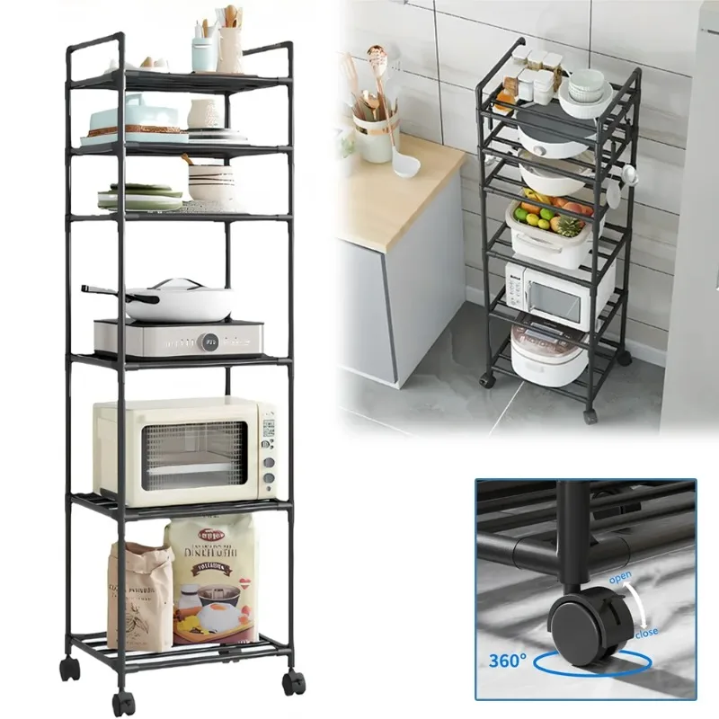 6 Tiers Metal Storage Shelf Multilayer Storage Rack Household Microwave Oven Organizer Pantry Shelves with Wheels