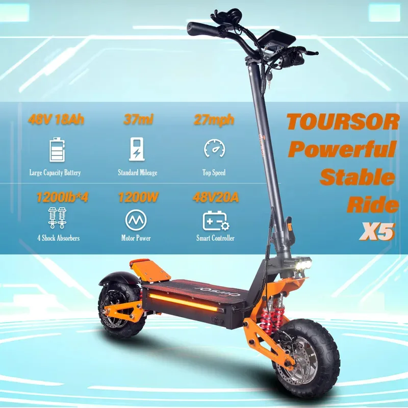 

X5-48V Electric Scooter Adults 1200W Single Drive 11” Off-Road Tires for Street Commuting and Extreme Terrain Off-Road