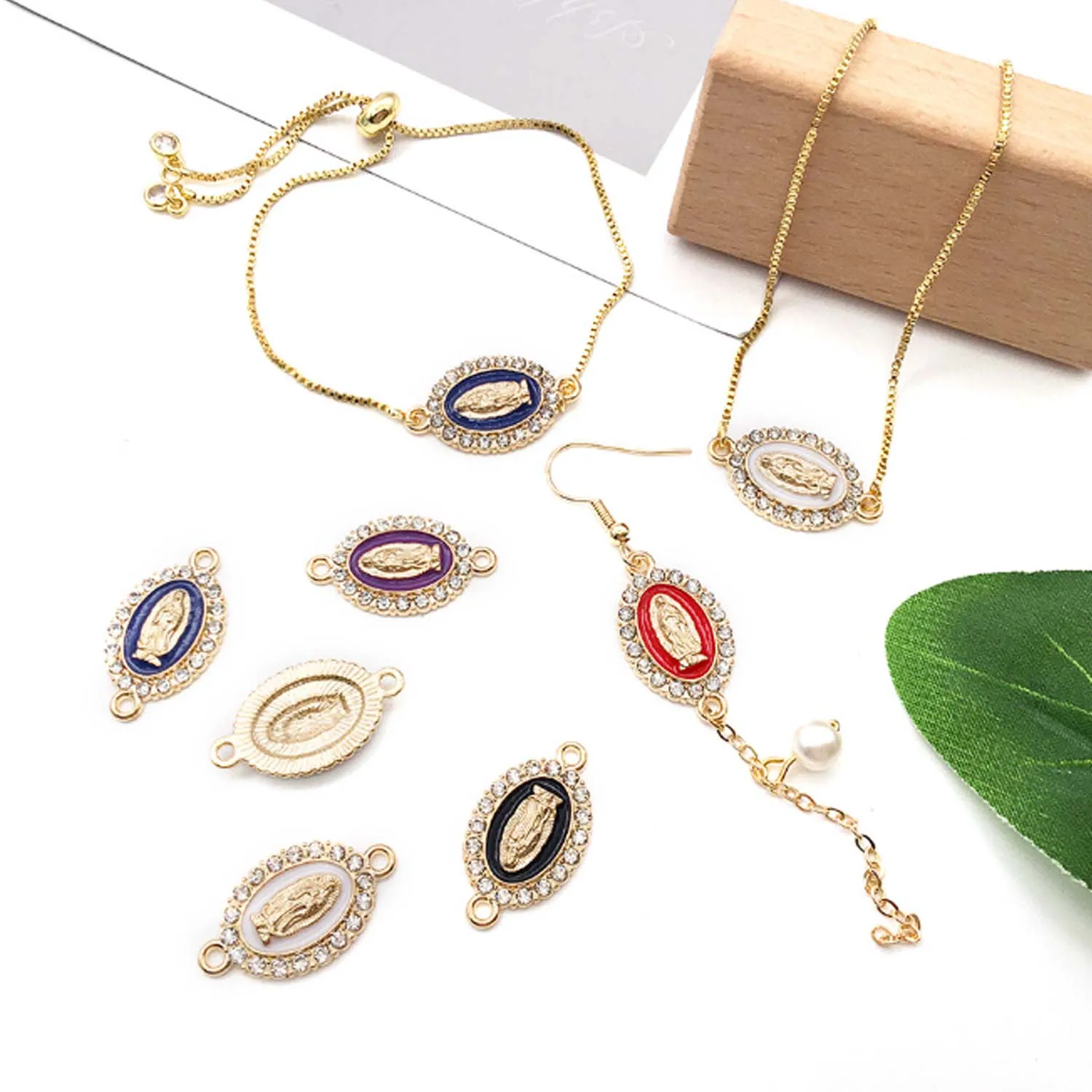 10/12pcs Enamel Virgin Mary Charms Alloy Inlaid Rhinestone Pendants for DIY Bracelets Necklaces Jewelry Making Accessories