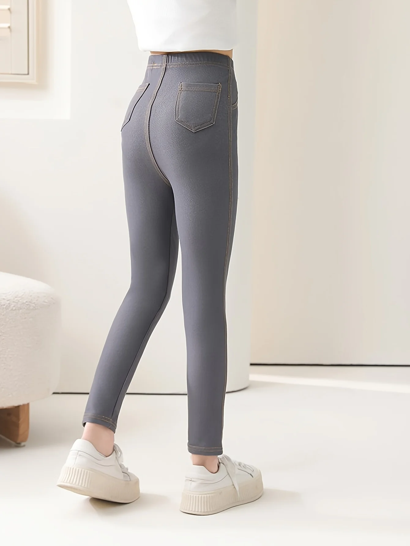 Girls' New Stylish Imitation Denim Leggings for Spring/Autumn, Slim-Fit Stretch Trousers, Perfect for Outdoor