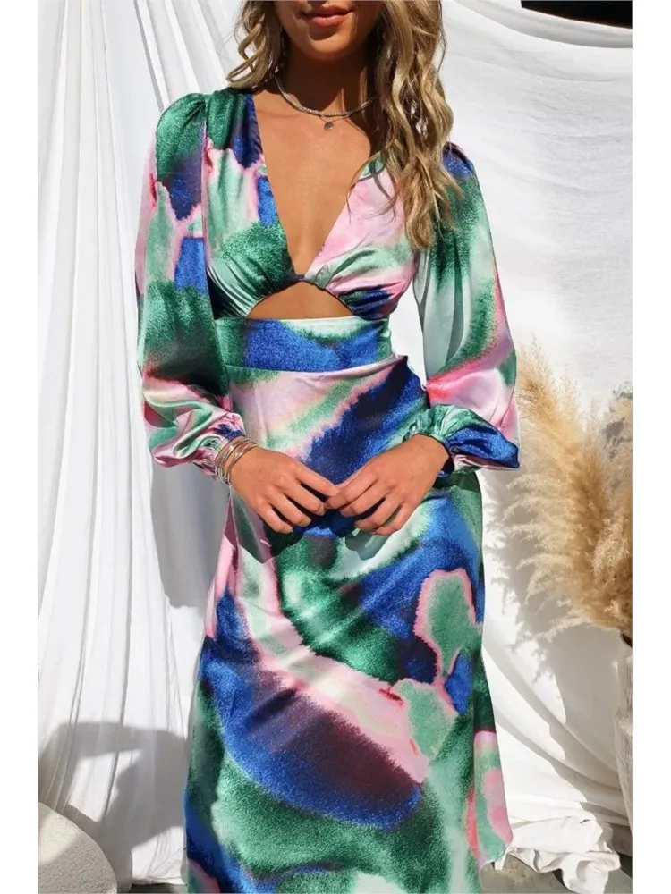 Sexy Bodycon Tie Dye Bedrukte Satijnen Lange Feestjurken Voor Dames Met Lange Mouwen, Diepe V-Hals, Uitgeholde Slanke Galajurk, Vestidos 2023