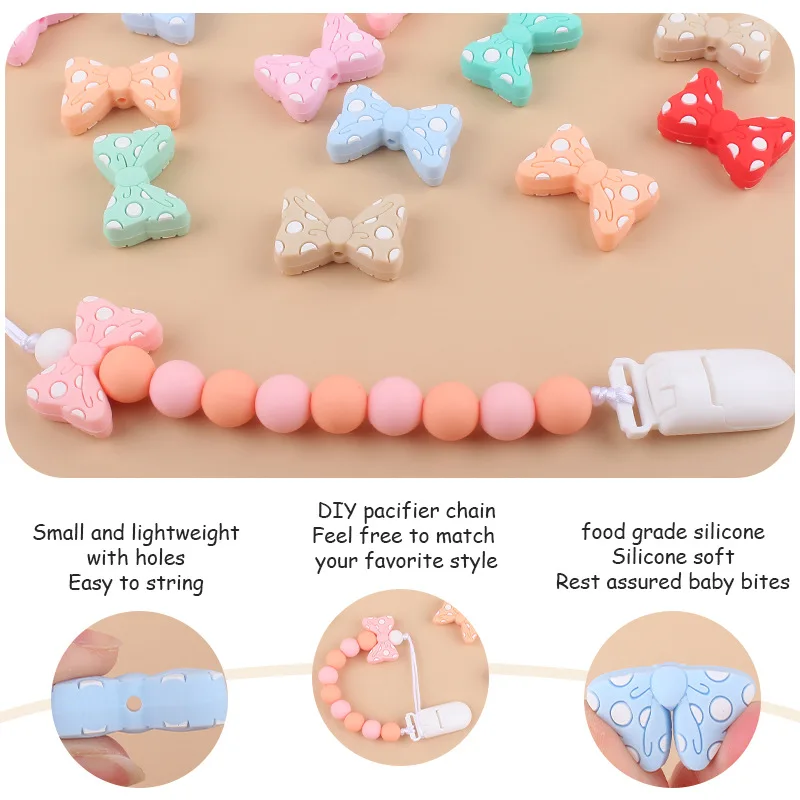 Kissteether-Baby Cartoon Bow Beads, DIY Silicone Chupeta Cadeia, Dentes Glue, pequena pulseira, Acessórios de brinquedo, Novos produtos