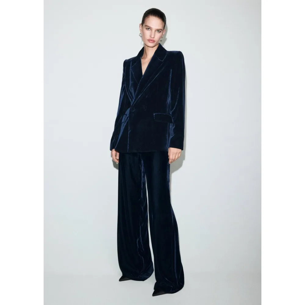 

Women’s Blue Velvet Double-Breasted Blazer and Wide-Leg Pants Set | Elegant Office Wear and Evening Fashion Suit