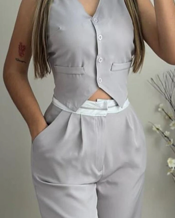 Two Piece Set Women Outfit 2024 Summer New Elegant V-Neck Buttoned Vest Top & Fashion High Waist Casual Pocket Design Pants Set