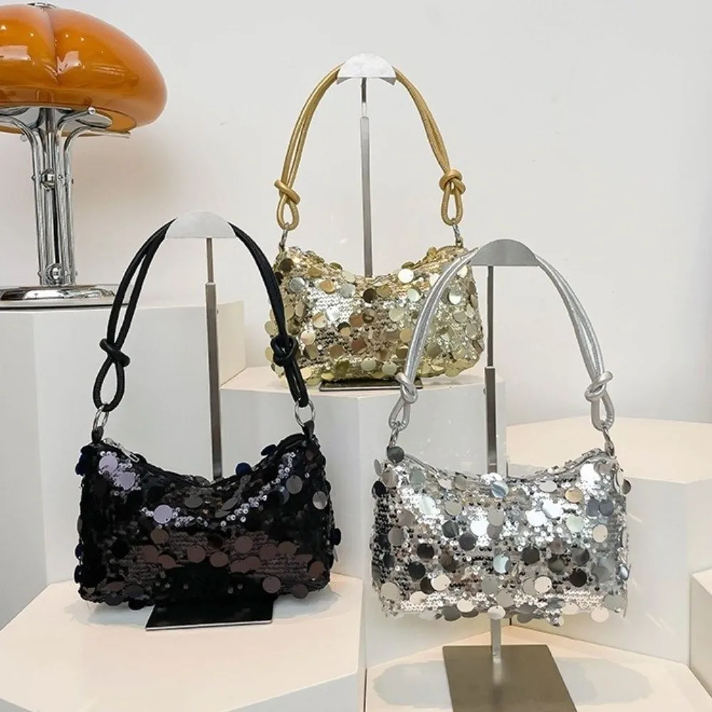Elegant Sequin Evening Clutch Polyester Lining PU Knotted Handle Sparkly Shoulder Bag Large Capacity Glitter Underarm Bag Party