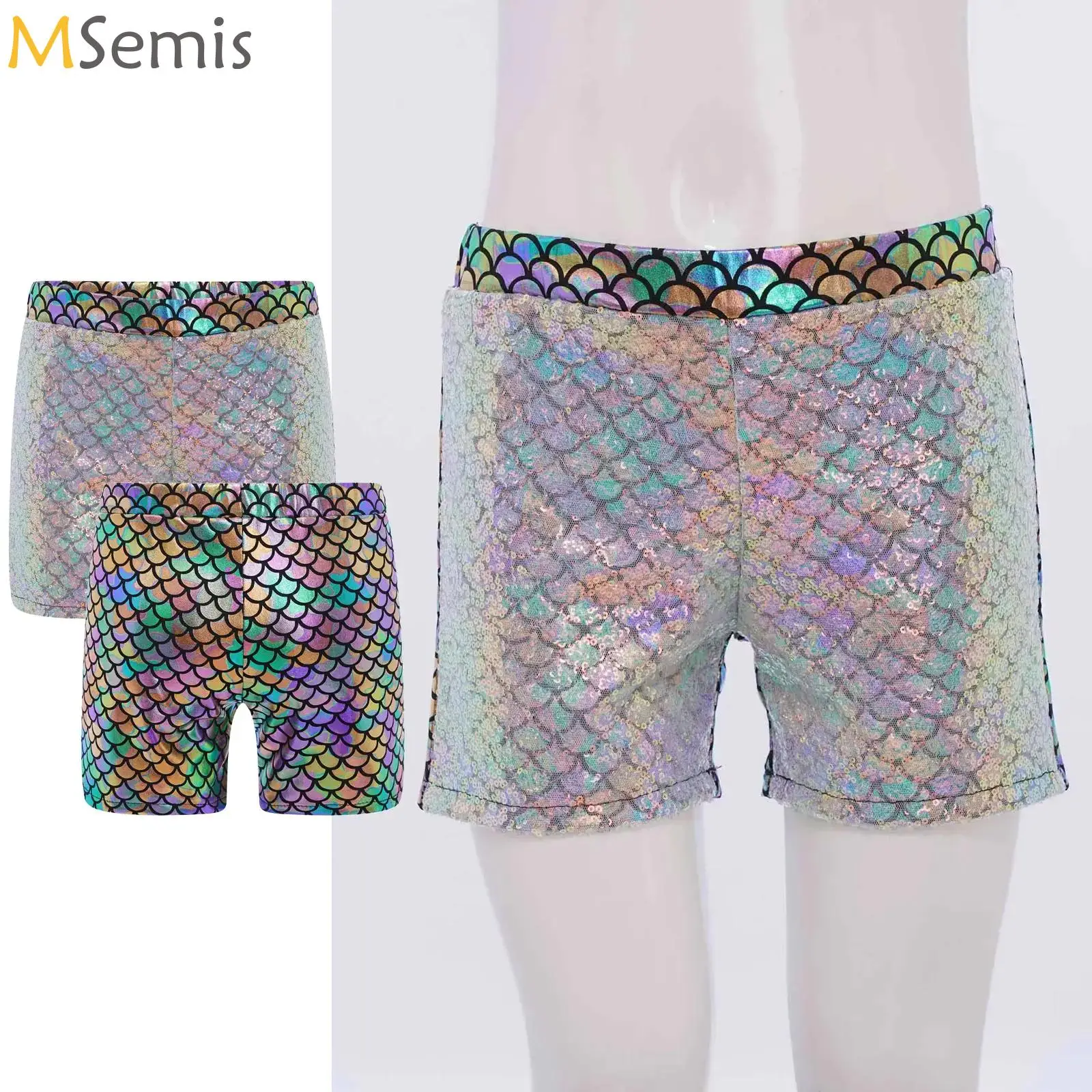 

Kids Girl Dance Shorts Fish Scale Sparkling Sequin Figure Skating Gymnastics Modern Dance Shorts Jazz Hip-hop Shorts Dancewear