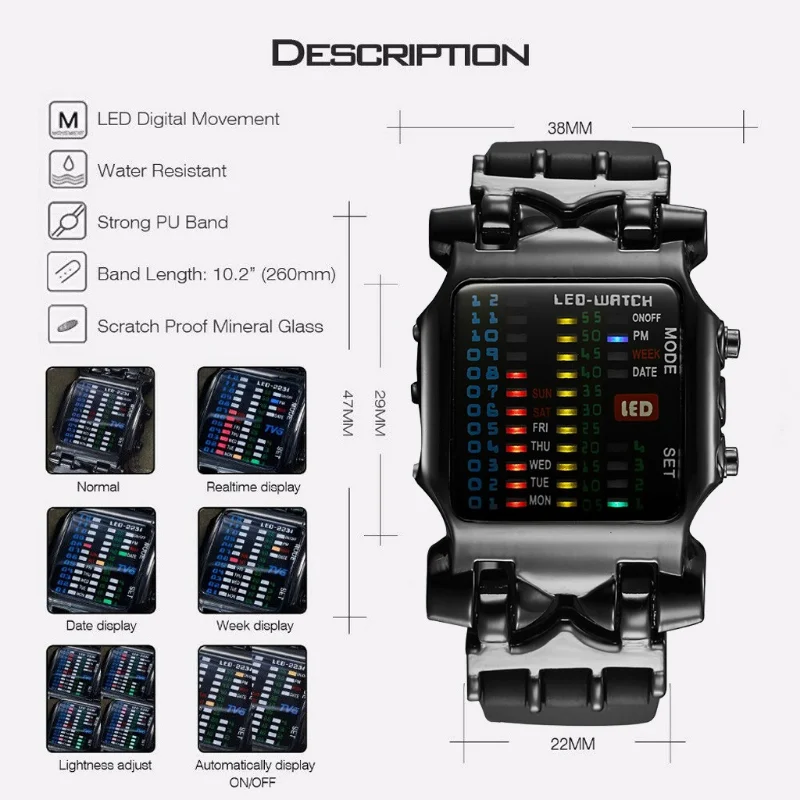 Montre Homme Fashion Sport Binary Watch Men LED Digital Watches Rubber Band Multifunction Electronic Wristwatches Men Best Gift