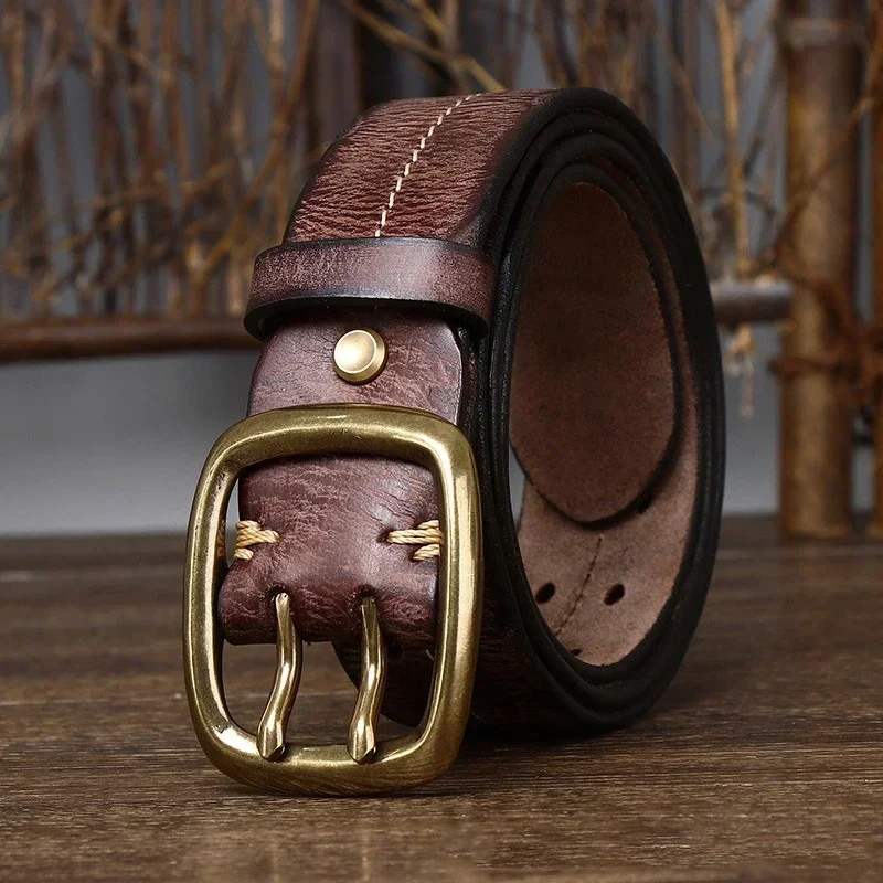 3.8cm Pure Cowskin Genuine Leather Belt Men Copper Double Needle Pin Buckle High Quality Luxury Male Strap Jeans Military Belt