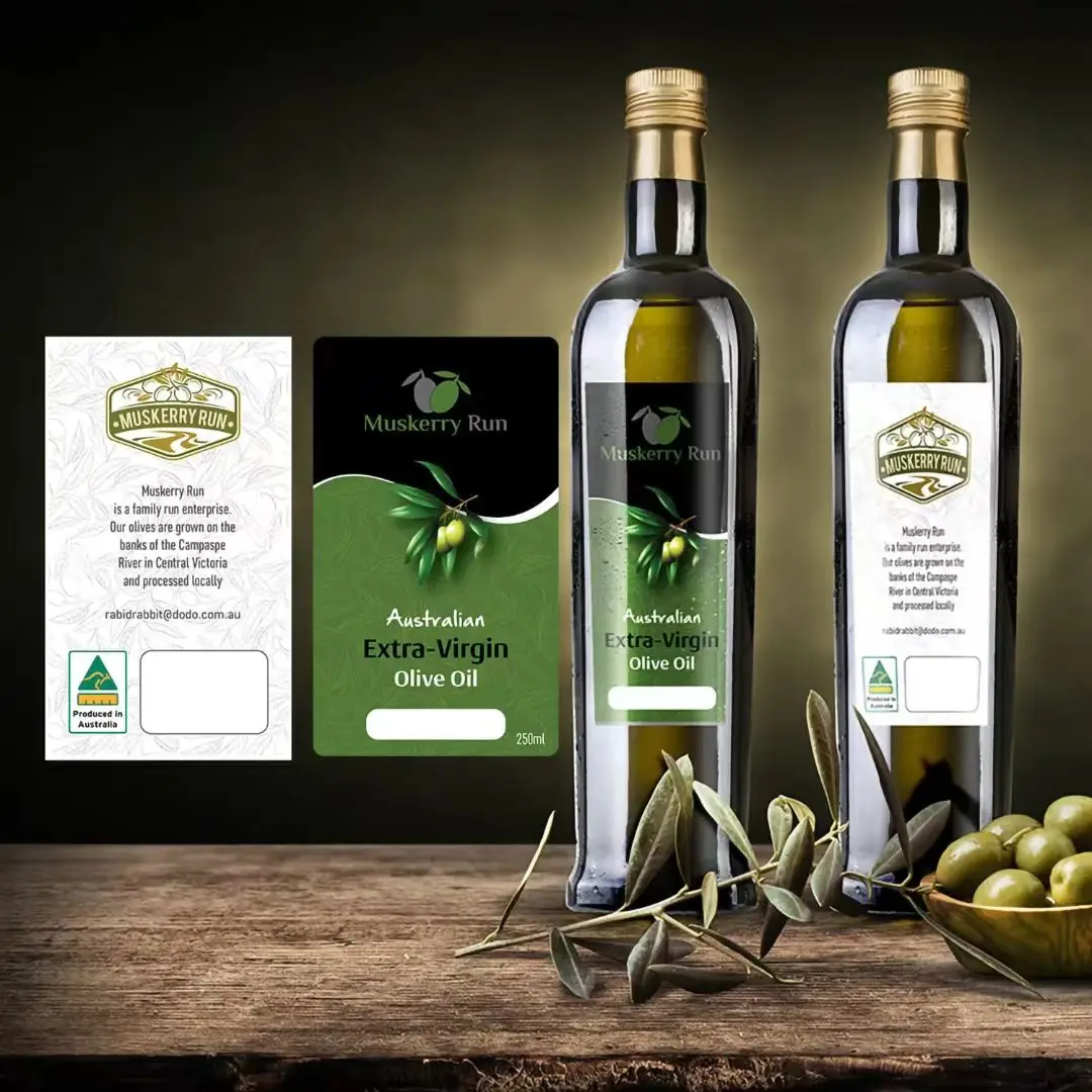 Custom Metallic Gold Foil Sticker Adhesive Texture Printing for Olive Oil Bottle Packaging Design