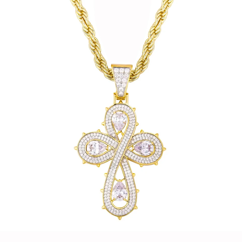VANAXIN Iced Out Infinity Cross Pendant Necklace 14K Gold Plated Cubic Zirconia Twisted Rope Chain Hip Hop Jewelry for Men Women