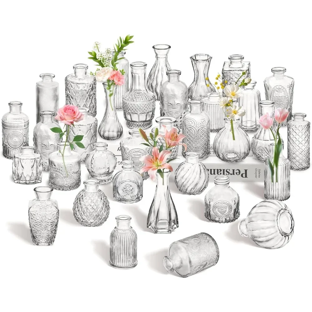 

Clear Bud Vases Bulk 32,Small Flower Vases for Wedding Decor,Glass Vintage Bottle Set for Centerpieces,Recepetion,Home