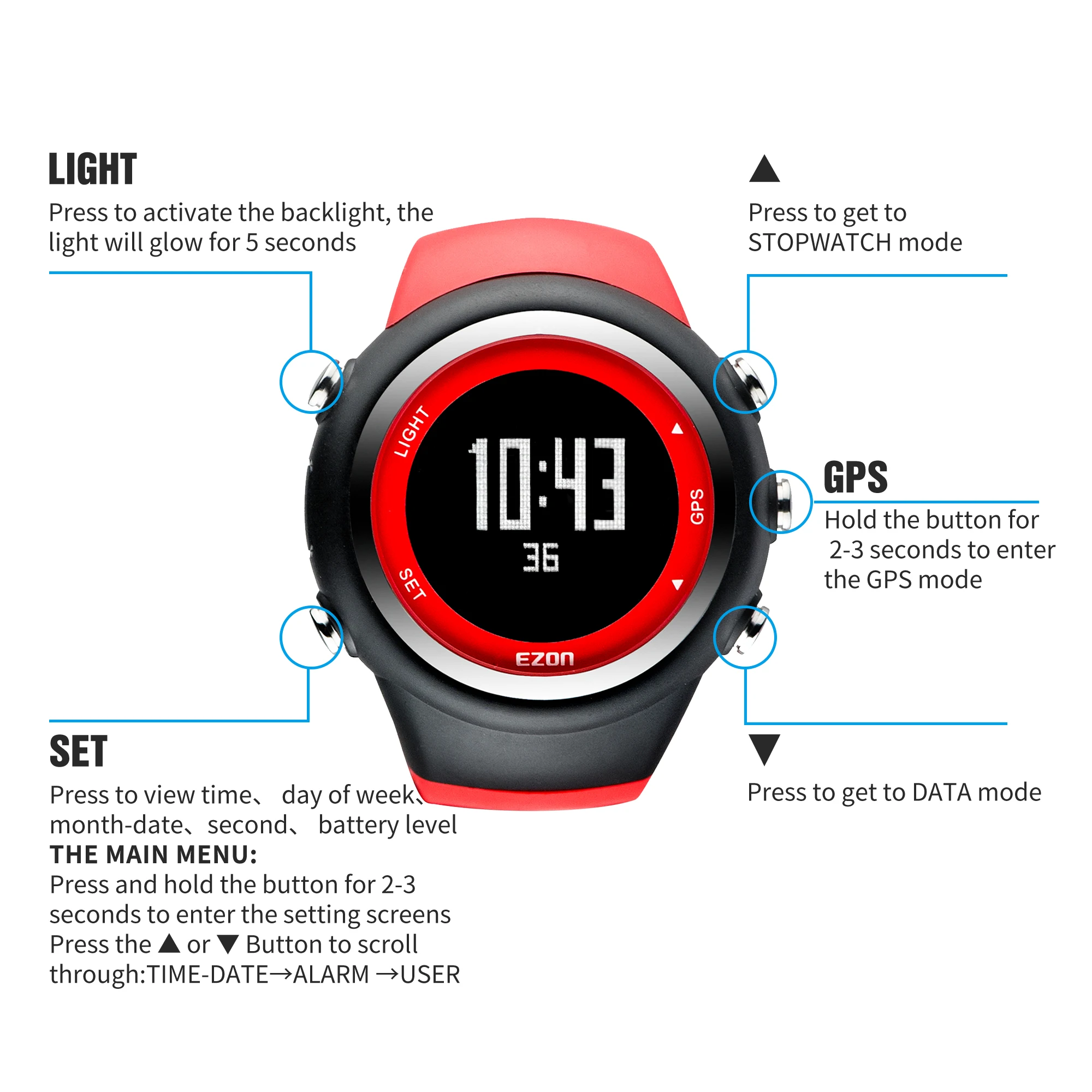 EZON T031 GPS Digital Sports Running Watch With Speed/Pace/Distance Calorie Burning  Stopwatch 50M Waterproof