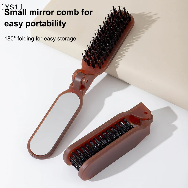YS1Mane Bristle Hair Brush Foldable Portable Comb With Mirror Pocket Collapsible Travel Massage Hair Styling Tool Salon Gift