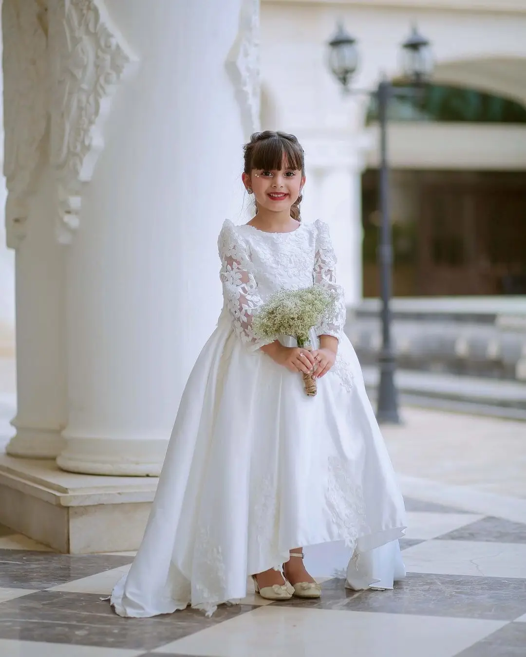 Vestido blanco de flores con apliques para niña, vestido de boda de manga larga de satén con lazo, vestido de princesa para cumpleaños, vestidos de primera comunión