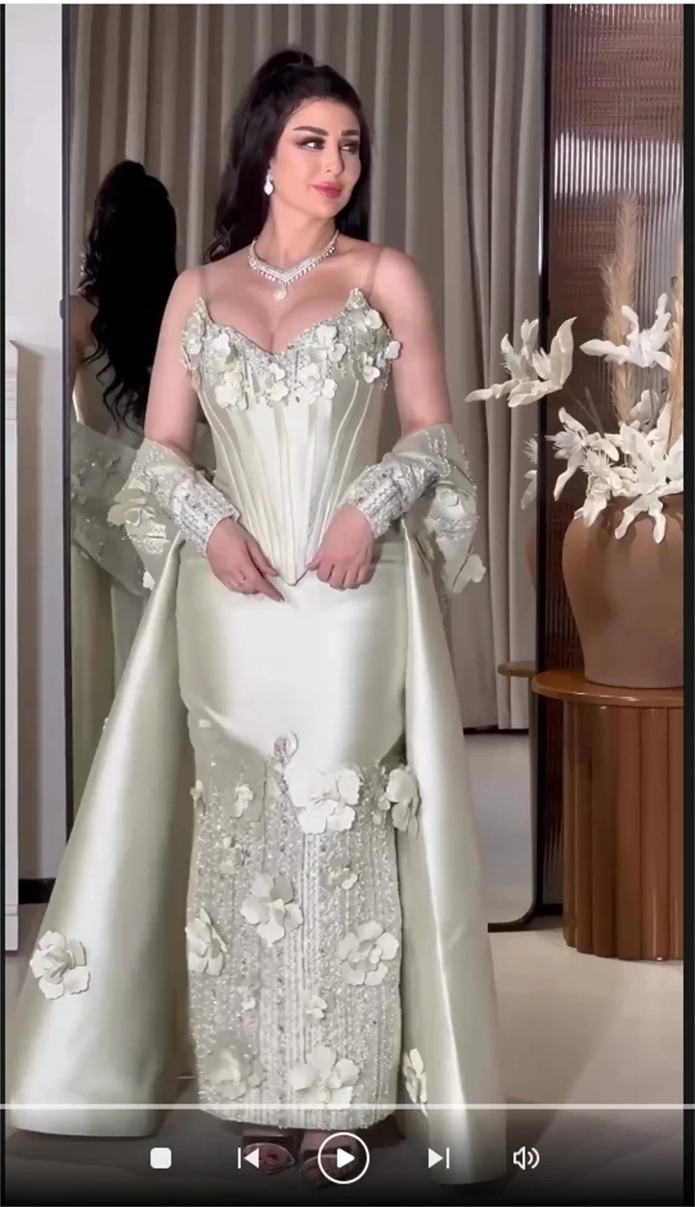 Personalizado vestido formal baile de formatura arábia saudita cinta espaguete com decote em v coluna até o chão saias lantejoulas artesanal flor