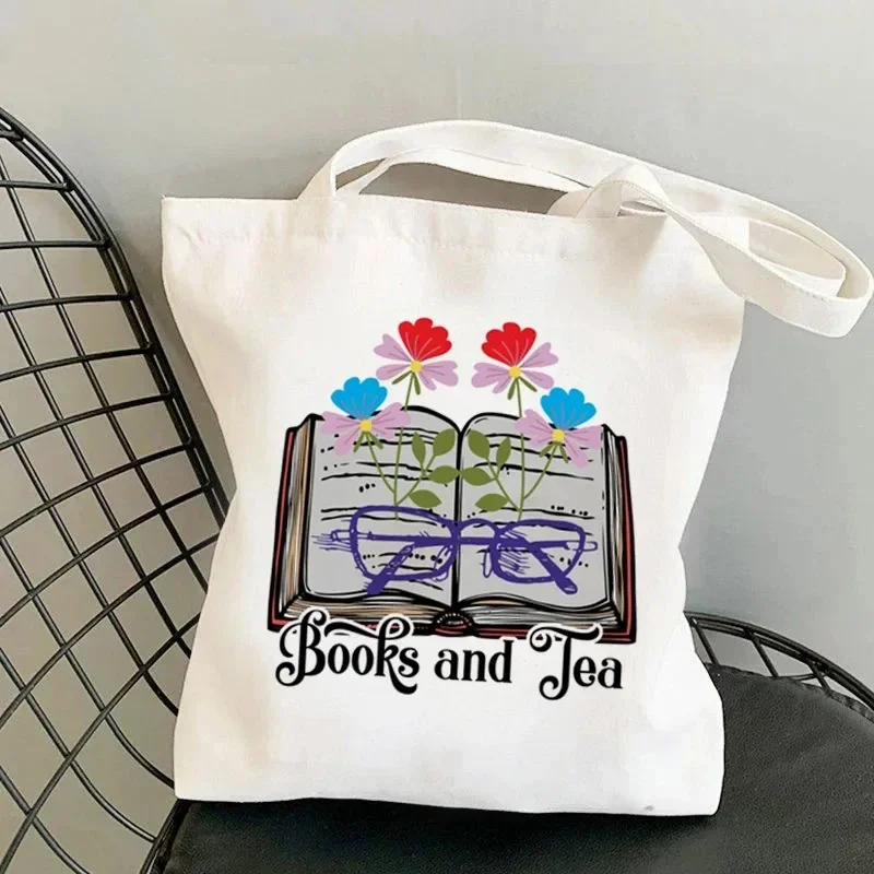 Book Floral Pattern Canvas Tote Bag Women Wildflower and Books Shopping Bag Vintage Teacher Reusable Female Shoulder Bag - view 2