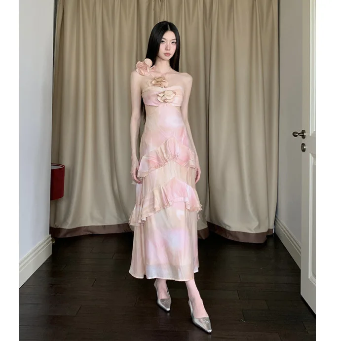 Vintage 3d floral tie-dye impressão sem costas rosa em camadas babados a linha vestido para mulher magro fada saia longa festa vestido de noite