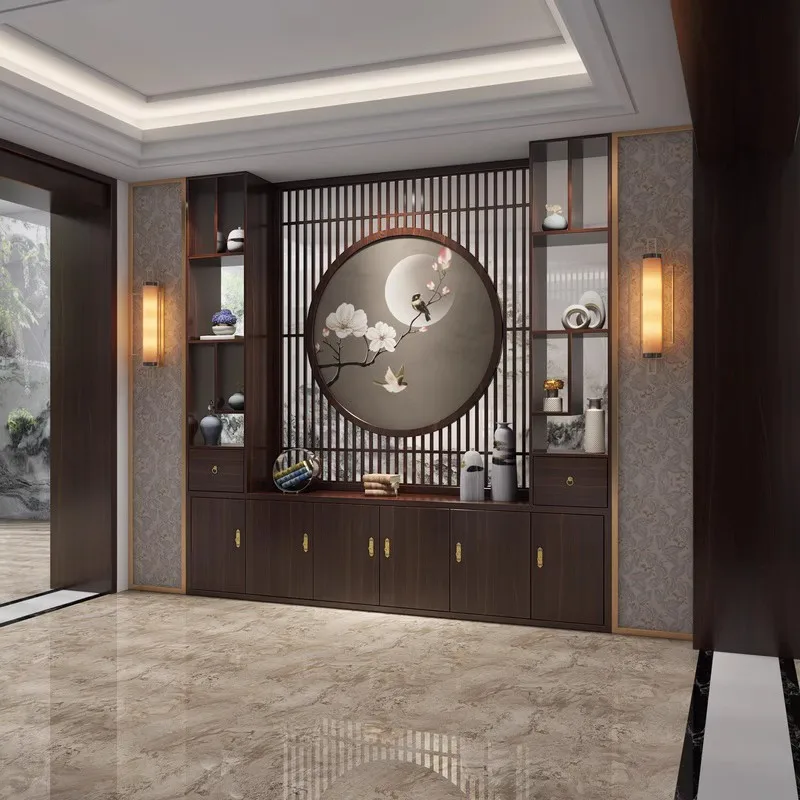 

New Chinese style, living room, screen, partition, office, villa, entrance, entrance, facing the door, solid wood, wine cabinet