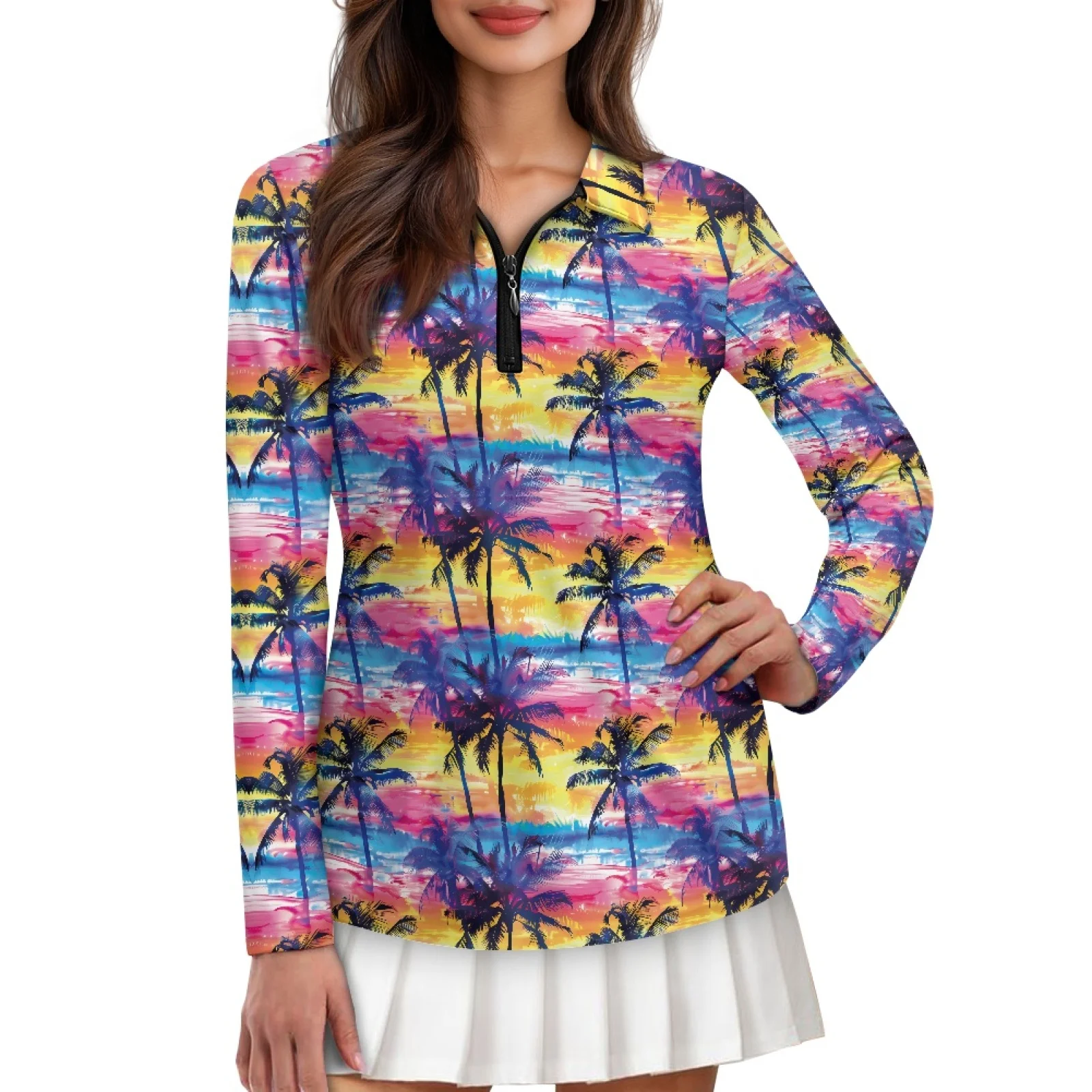 PENSTROLL Palm Tree Sunset Womens Quarter Zip Ladies Shirts Clothing Lightweight Running Polo Shirts for Athletic