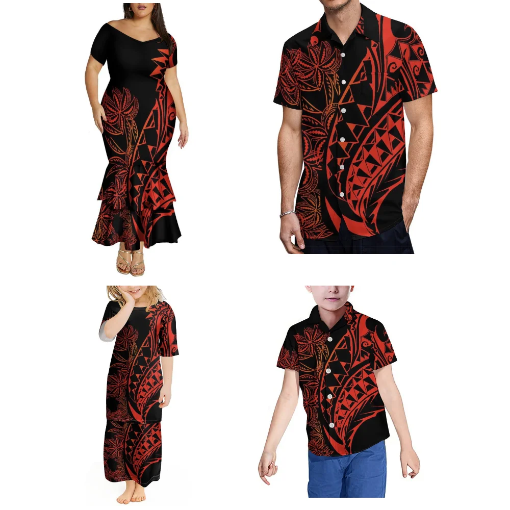 Casual apertado família usar com decote em v fora do ombro dupla camada fishtail saia verão havaí camisa masculina feita sob encomenda