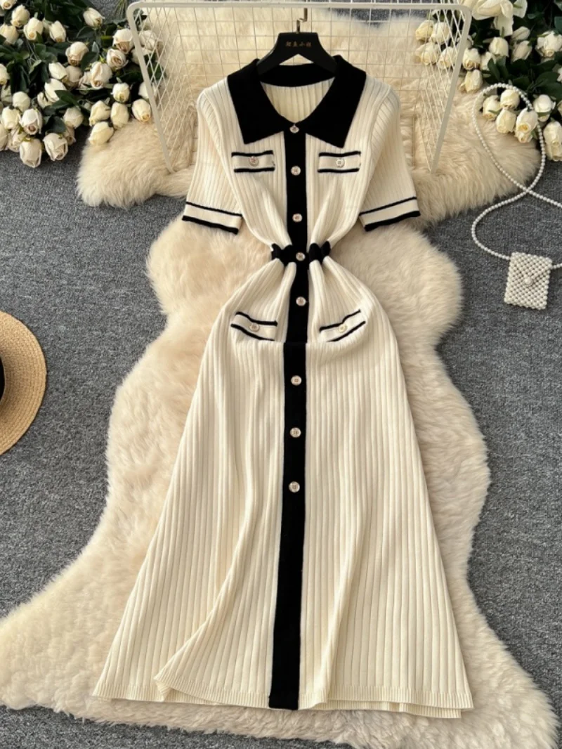 Elegant Colorblock Knitting Dress Summer Clothing Women 2026 Short Sleeve Lapel Collar Maxi Long Dresses OL Style Knitted Dress