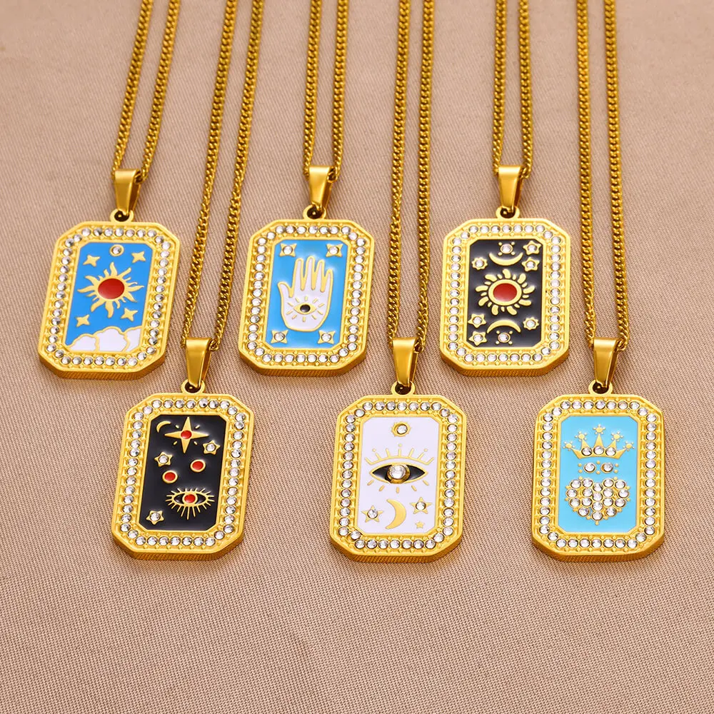 Tarot Cards Necklace Stainless Steel Necklaces For Women Magician Zircon Pendant Choker Arcana Tarot Cigano Divination Jewelry