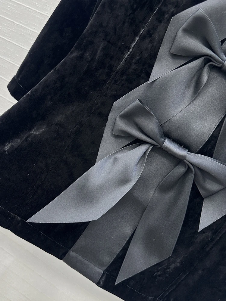 SVORYXIU خريف شتاء 2025 نمط جديد موضة رقبة مستديرة تصميم القوس البلوفرات المرأة موضة قميص أسود دافئ #5