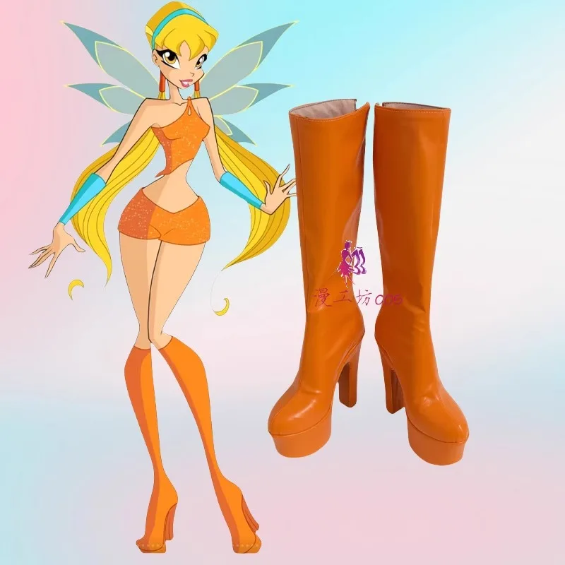 

Корона принцессы Стелла, костюм для косплея, туфли ручной работы из искусственной кожи, оранжевые туфли на высоком каблуке